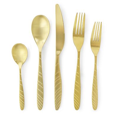 Megachef La Vague 20 Piece Flatware Utensil Set, Stainless Steel Silverware Metal in Matte Gold