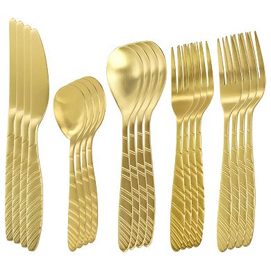 Megachef La Vague 20 Piece Flatware Utensil Set, Stainless Steel Silverware Metal in Matte Gold