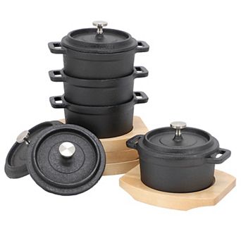 4 pc Cast Iron 8 Ounce Mini Dutch Oven with Wood Tray