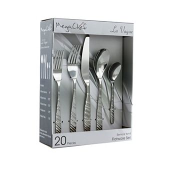MegaChef La Vague 20 pc Flatware Utensil Set, Stainless Steel Silverware Metal in Silver