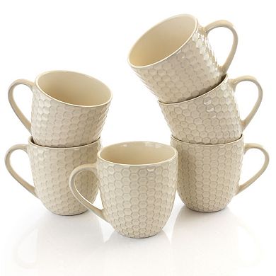 Honeycomb 6 Piece 15 Ounce Round Stoneware Mug Set in Cream