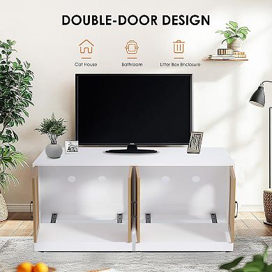 47.2 Inch Double Cat Litter Box Enclosure with Sisal Doors, Sliding Bottom, White