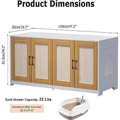 47.2 Inch Double Cat Litter Box Enclosure with Sisal Doors, Sliding Bottom, White