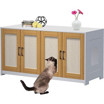 47.2 Inch Double Cat Litter Box Enclosure with Sisal Doors, Sliding Bottom, White