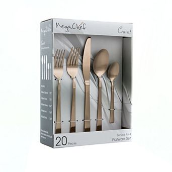 MegaChef Cravat 20 pc Flatware Utensil Set, Stainless Steel Silverware Metal in Matte Rose