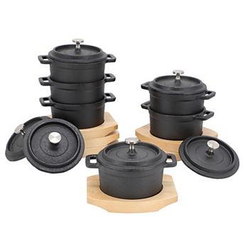 6 pc Cast Iron 8 Ounce Mini Dutch Oven with Wood Tray