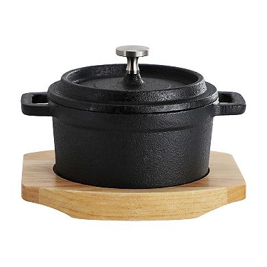 6 Piece Cast Iron 8 Ounce Mini Dutch Oven with Wood Tray