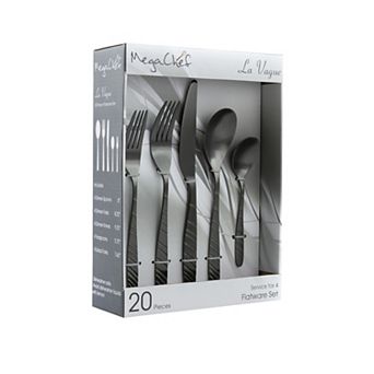 MegaChef La Vague 20 pc Flatware Utensil Set, Stainless Steel Silverware Metal in Matte Black