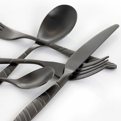 MegaChef La Vague 20 Piece Flatware Utensil Set, Stainless Steel Silverware Metal in Matte Black