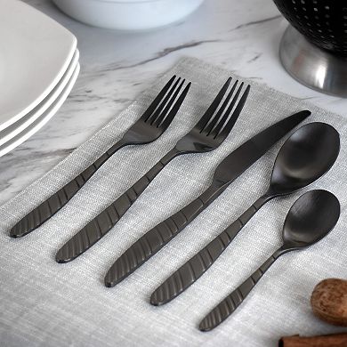 MegaChef La Vague 20 Piece Flatware Utensil Set, Stainless Steel Silverware Metal in Matte Black