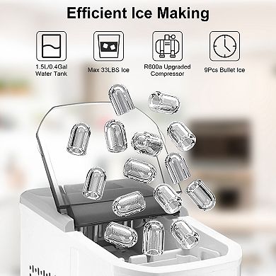 Electric Countertop Ice Maker with Self-Cleaning, 33LBS/24H, Bullet Ice Machine for Home & Office
