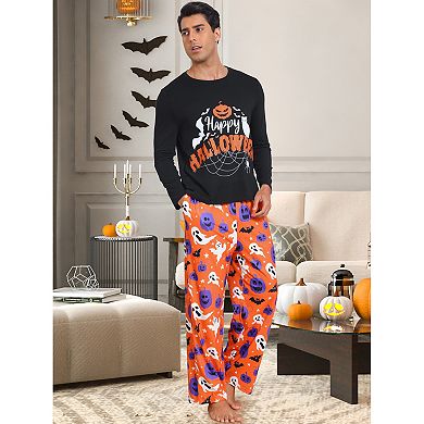 Men's Halloween Matching Cute Pumpkin Print Long Sleeve Top with Pants Family Pajama Sets