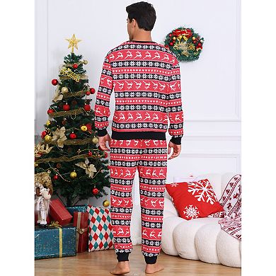 Men's Christmas Family Matching Pajama Set Long Sleeve Elk Snow Striped Xmas Party Lounge Set