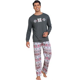 Men's Christmas Matching Snow Print Long Sleeve Top Cute Print Pants Family Pajama Sets