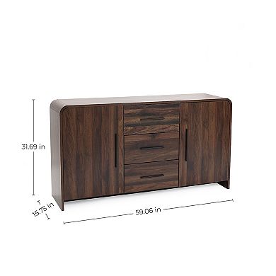 LuxenHome Modern Walnut Finish Sideboard, Engineered Wood Storage Cabinet with Rounded Corners