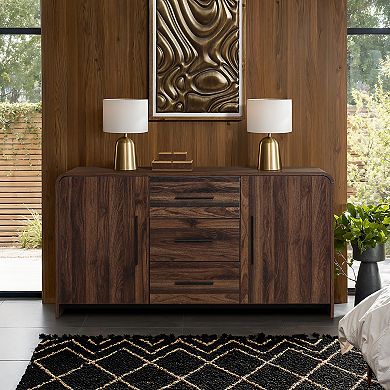 LuxenHome Modern Walnut Finish Sideboard, Engineered Wood Storage Cabinet with Rounded Corners