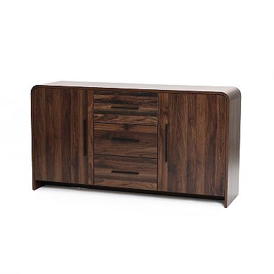 LuxenHome Modern Walnut Finish Sideboard, Engineered Wood Storage Cabinet with Rounded Corners
