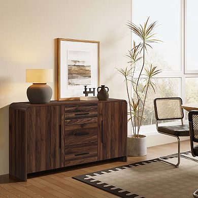 LuxenHome Modern Walnut Finish Sideboard, Engineered Wood Storage Cabinet with Rounded Corners