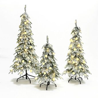 LuxenHome 3 pc Flocked Artificial Tree Set with Lights and Metal Stand