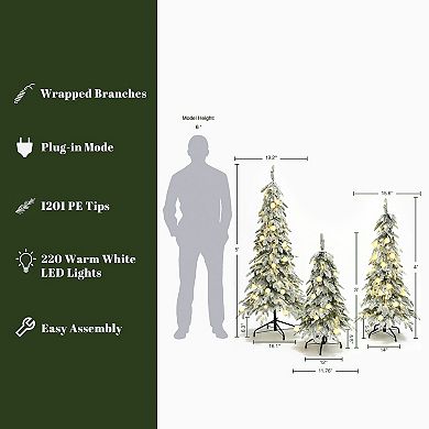 LuxenHome 3-Piece Flocked Artificial Tree Set with Lights and Metal Stand