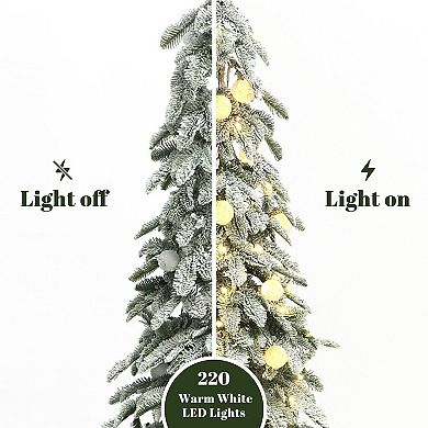 LuxenHome 3-Piece Flocked Artificial Tree Set with Lights and Metal Stand