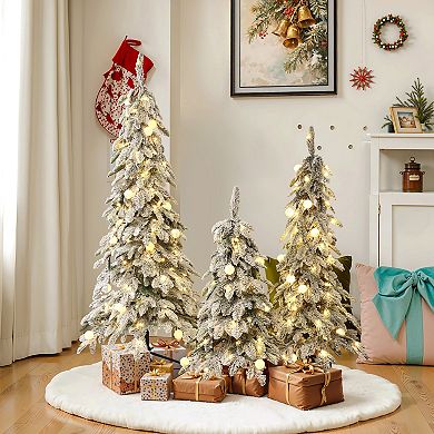 LuxenHome 3-Piece Flocked Artificial Tree Set with Lights and Metal Stand