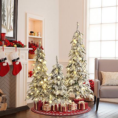 LuxenHome 3-Piece Flocked Artificial Tree Set with Lights and Metal Stand