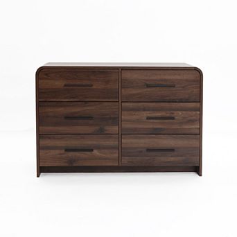 LuxenHome Modern Walnut Finish 6-Drawer Dresser, Engineered Wood Storage Chest with Rounded Corners