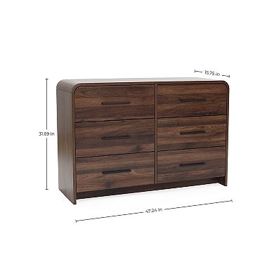 LuxenHome Modern Walnut Finish 6-Drawer Dresser, Engineered Wood Storage Chest with Rounded Corners