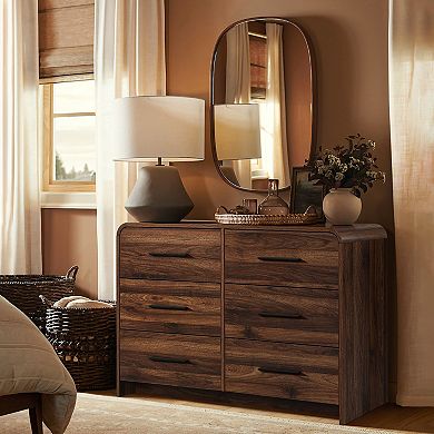 LuxenHome Modern Walnut Finish 6-Drawer Dresser, Engineered Wood Storage Chest with Rounded Corners