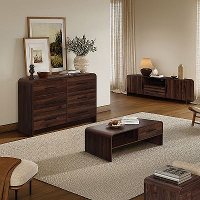 LuxenHome Modern Walnut Finish 6-Drawer 47.24 in. Dresser, Engineered Wood Storage Chest with Rounded Corners