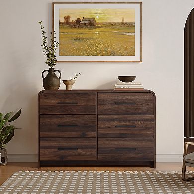 LuxenHome Modern Walnut Finish 6-Drawer Dresser, Engineered Wood Storage Chest with Rounded Corners