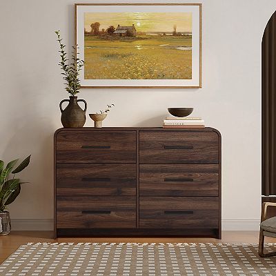 Luxenhome Modern Walnut Finish 6-Drawer Dresser, Engineered Wood Storage Chest with Rounded Corners