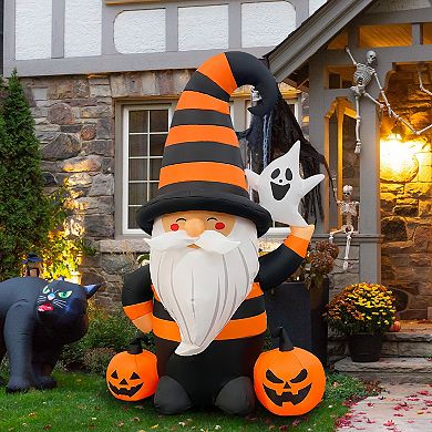 GOOSH 5FT Inflatable Halloween Gnome with Pumpkins and Ghost Light-Up Yard Decoration