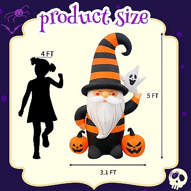 GOOSH 5FT Inflatable Halloween Gnome with Pumpkins and Ghost Light-Up Yard Decoration