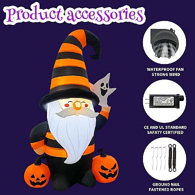 GOOSH 5FT Inflatable Halloween Gnome with Pumpkins and Ghost Light-Up Yard Decoration