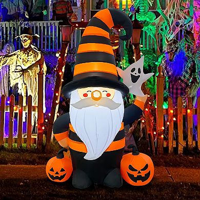 GOOSH 5FT Inflatable Halloween Gnome with Pumpkins and Ghost Light-Up Yard Decoration