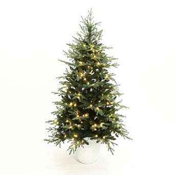 LuxenHome 6.9Ft Pre-Lit Artificial Spruce Christmas Tree in White Pot, Hinged Branches & Warm Lights