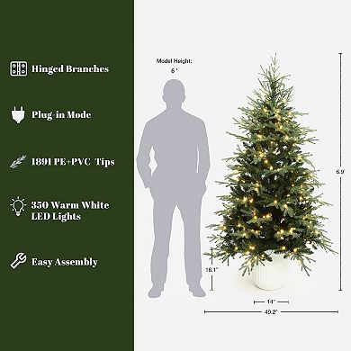 LuxenHome 6.9Ft Pre-Lit Artificial Spruce Christmas Tree in White Pot, Hinged Branches & Warm Lights