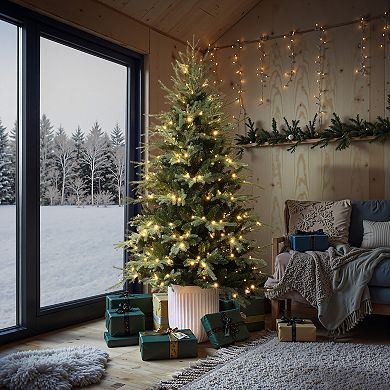 LuxenHome 6.9Ft Pre-Lit Artificial Spruce Christmas Tree in White Pot, Hinged Branches & Warm Lights