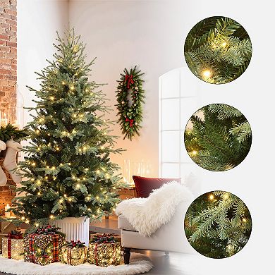 LuxenHome 6.9Ft Pre-Lit Artificial Spruce Christmas Tree in White Pot, Hinged Branches & Warm Lights