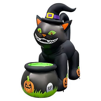GOOSH 5.2FT Animated Inflatable Black Cat with Witch Hat and Cauldron Halloween Yard Decoration
