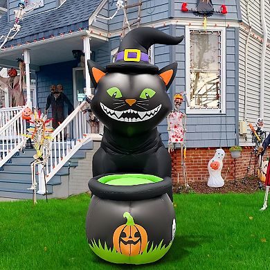 GOOSH 5.2FT Animated Inflatable Black Cat with Witch Hat and Cauldron Halloween Yard Decoration
