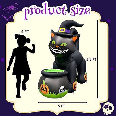 GOOSH 5.2FT Animated Inflatable Black Cat with Witch Hat and Cauldron Halloween Yard Decoration