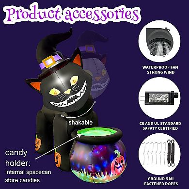 GOOSH 5.2FT Animated Inflatable Black Cat with Witch Hat and Cauldron Halloween Yard Decoration