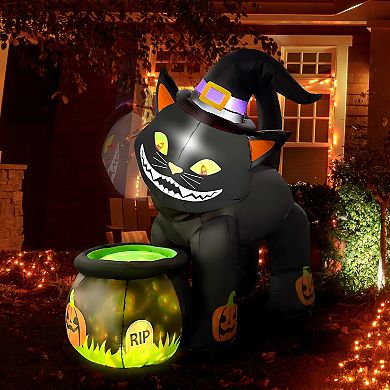 GOOSH 5.2FT Animated Inflatable Black Cat with Witch Hat and Cauldron Halloween Yard Decoration