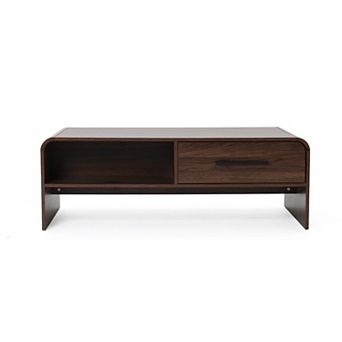 LuxenHome Walnut Finish 2-Drawer Coffee Table, Open Storage Center Table with Rounded Corners