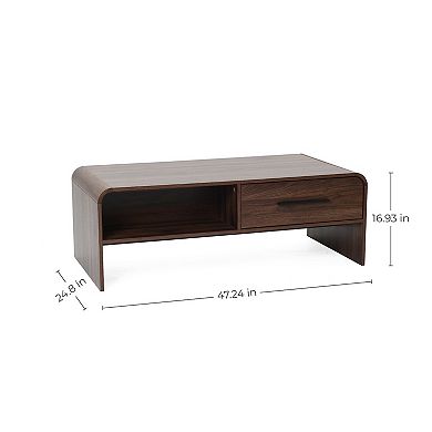 LuxenHome Walnut Finish 2-Drawer Coffee Table, Open Storage Center Table with Rounded Corners