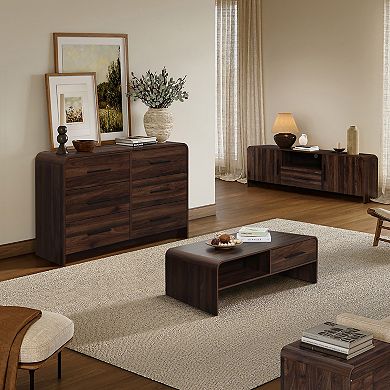 LuxenHome Walnut Finish 2-Drawer Coffee Table, Open Storage Center Table with Rounded Corners