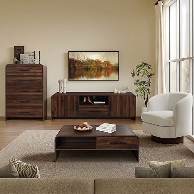 LuxenHome Walnut Finish 2-Drawer Coffee Table, Open Storage Center Table with Rounded Corners